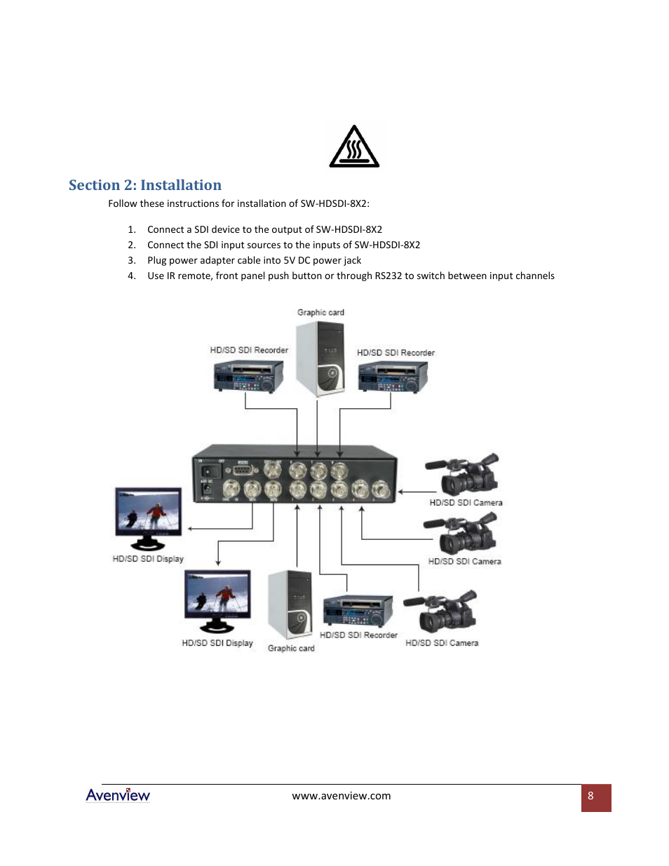 Section 2: installation | Avenview SW-HDSDI-8X2 User Manual | Page 8 / 10