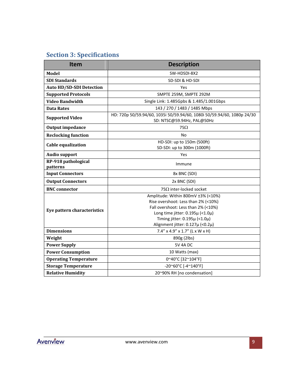 Section 3: specifications | Avenview SW-HDSDI-8X2 User Manual | Page 9 / 10