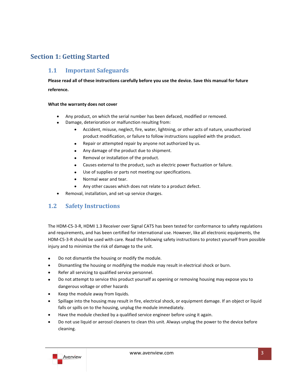 Section 1: getting started, Important safeguards, Safety instructions | 1 important safeguards, 2 safety instructions | Avenview HDM-C5-3-R User Manual | Page 3 / 10