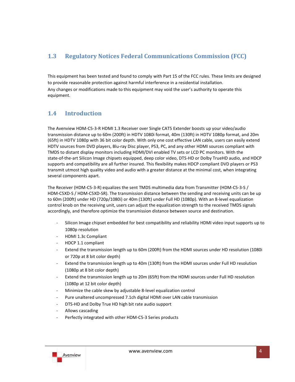 Introduction, 4 introduction | Avenview HDM-C5-3-R User Manual | Page 4 / 10