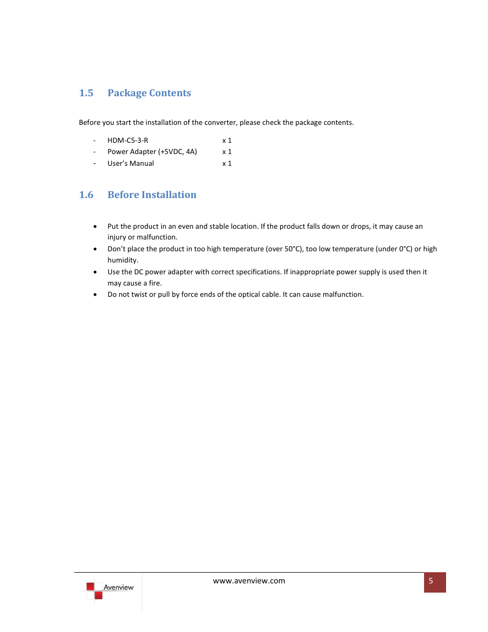 Package contents, Before installation, 5 package contents | 6 before installation | Avenview HDM-C5-3-R User Manual | Page 5 / 10