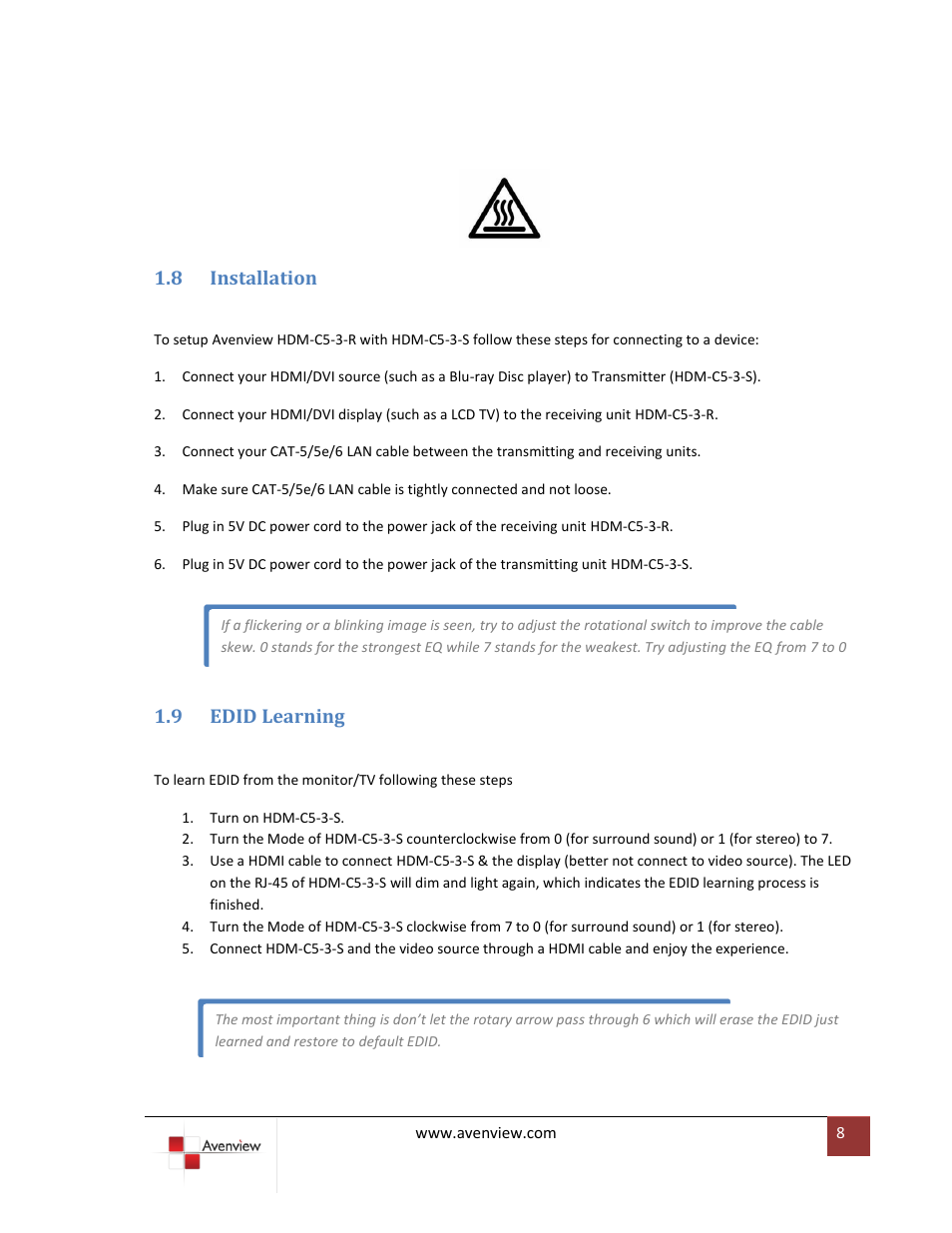 Installation, Edid learning, 8 installation | 9 edid learning | Avenview HDM-C5-3-R User Manual | Page 8 / 10