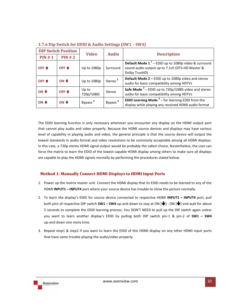 6 dip switch for edid & audio settings (sw1 – sw4) | Avenview SW-HDM3D-C5-4X4 User Manual | Page 10 / 19