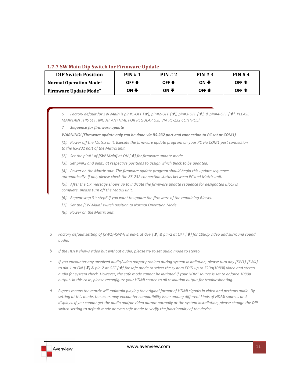 7 sw main dip switch for firmware update | Avenview SW-HDM3D-C5-4X4 User Manual | Page 11 / 19