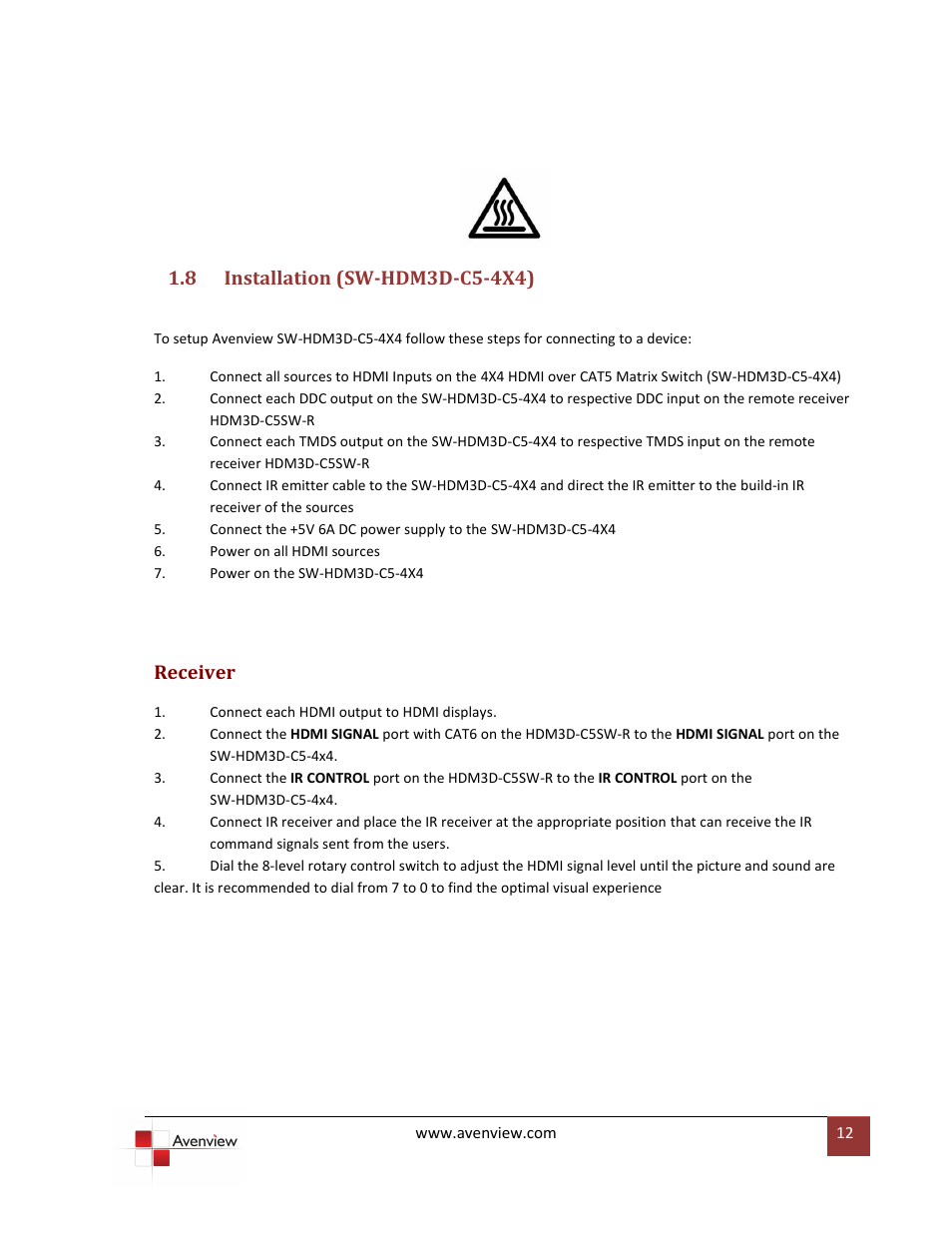 Installation (sw-hdm3d-c5-4x4), Receiver | Avenview SW-HDM3D-C5-4X4 User Manual | Page 12 / 19