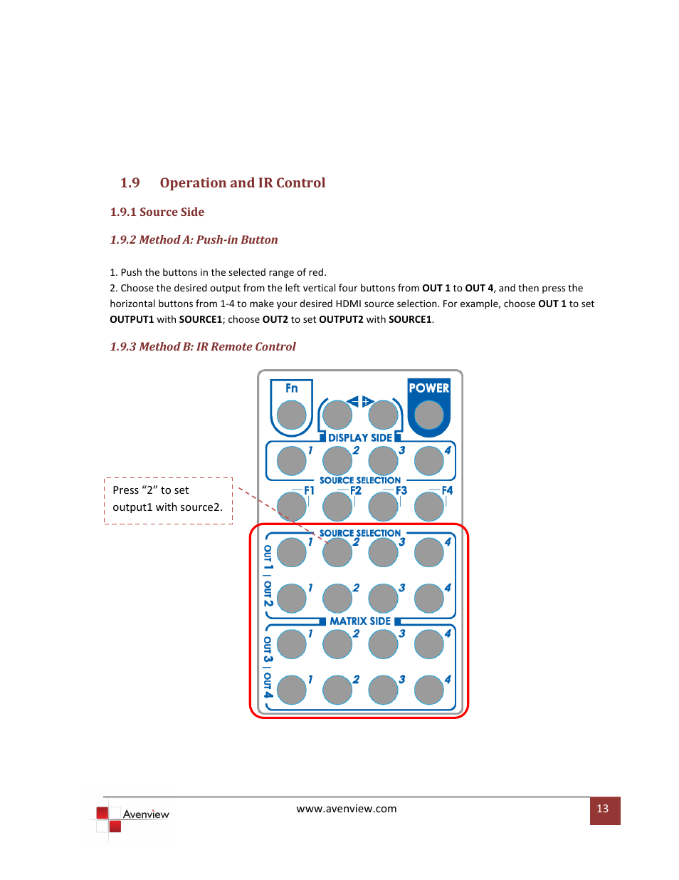 Operation and ir control, 1 source side | Avenview SW-HDM3D-C5-4X4 User Manual | Page 13 / 19