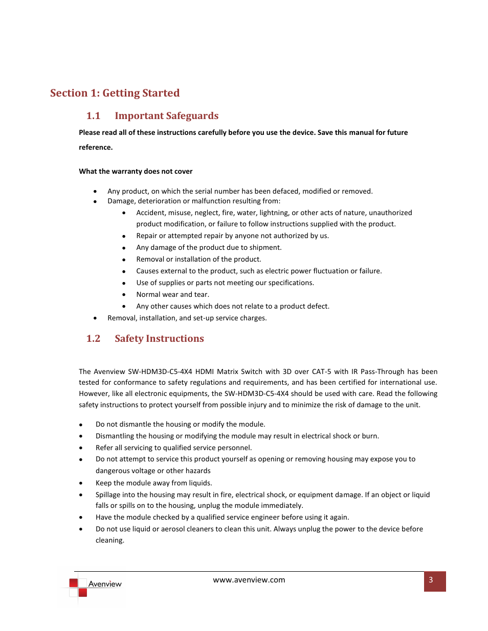 Section 1: getting started, Important safeguards, Safety instructions | 1 important safeguards, 2 safety instructions | Avenview SW-HDM3D-C5-4X4 User Manual | Page 3 / 19