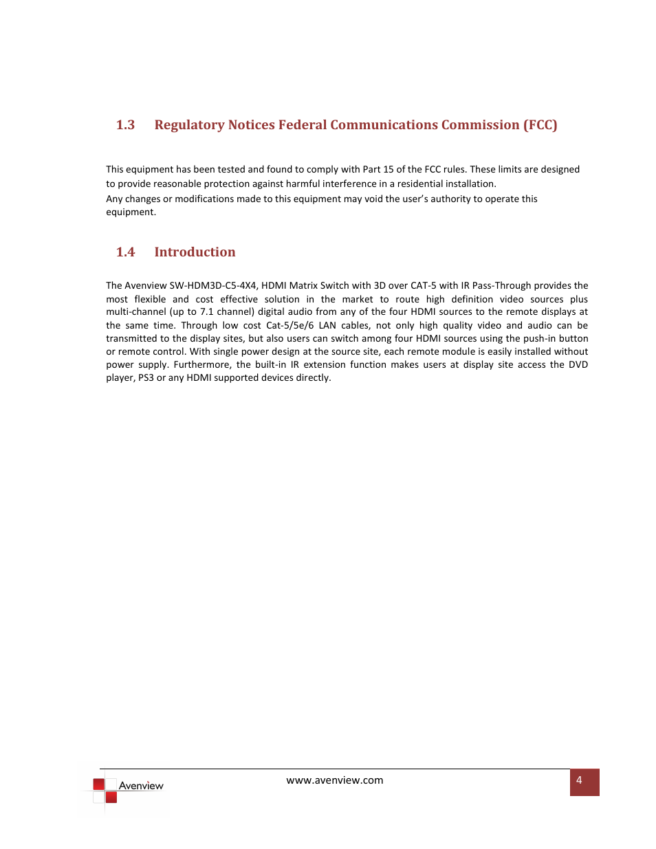 Introduction | Avenview SW-HDM3D-C5-4X4 User Manual | Page 4 / 19