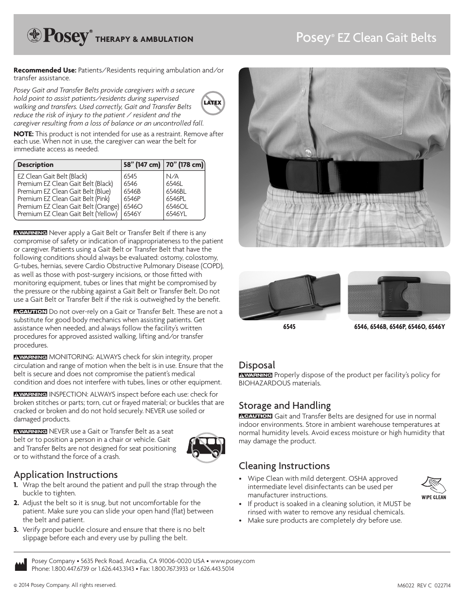 Posey Premium EZ Clean Gait Belts With Spring-Loaded Buckle User Manual | 1 page