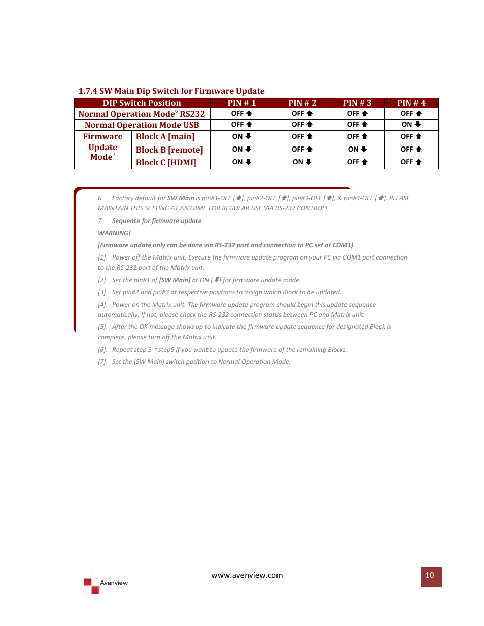 4 sw main dip switch for firmware update | Avenview SW-HDM3D-C5-8X8 User Manual | Page 10 / 26