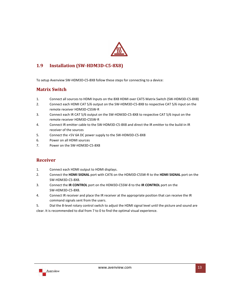 Installation (sw-hdm3d-c5-8x8), Matrix switch, Receiver | Avenview SW-HDM3D-C5-8X8 User Manual | Page 13 / 26
