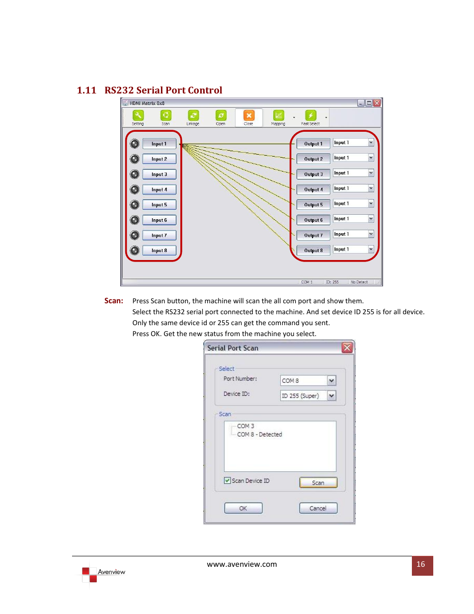 Rs232 serial port control | Avenview SW-HDM3D-C5-8X8 User Manual | Page 16 / 26