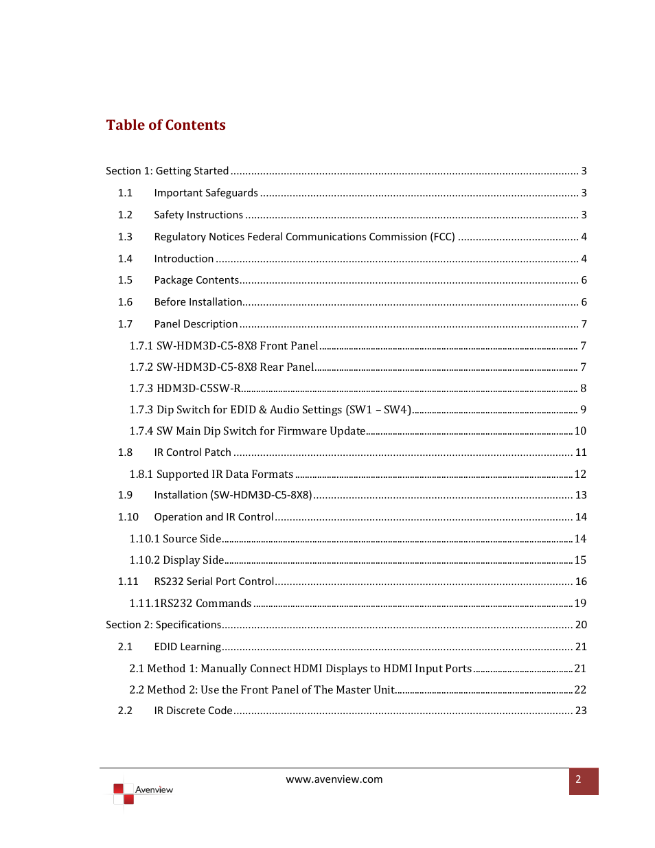 Avenview SW-HDM3D-C5-8X8 User Manual | Page 2 / 26