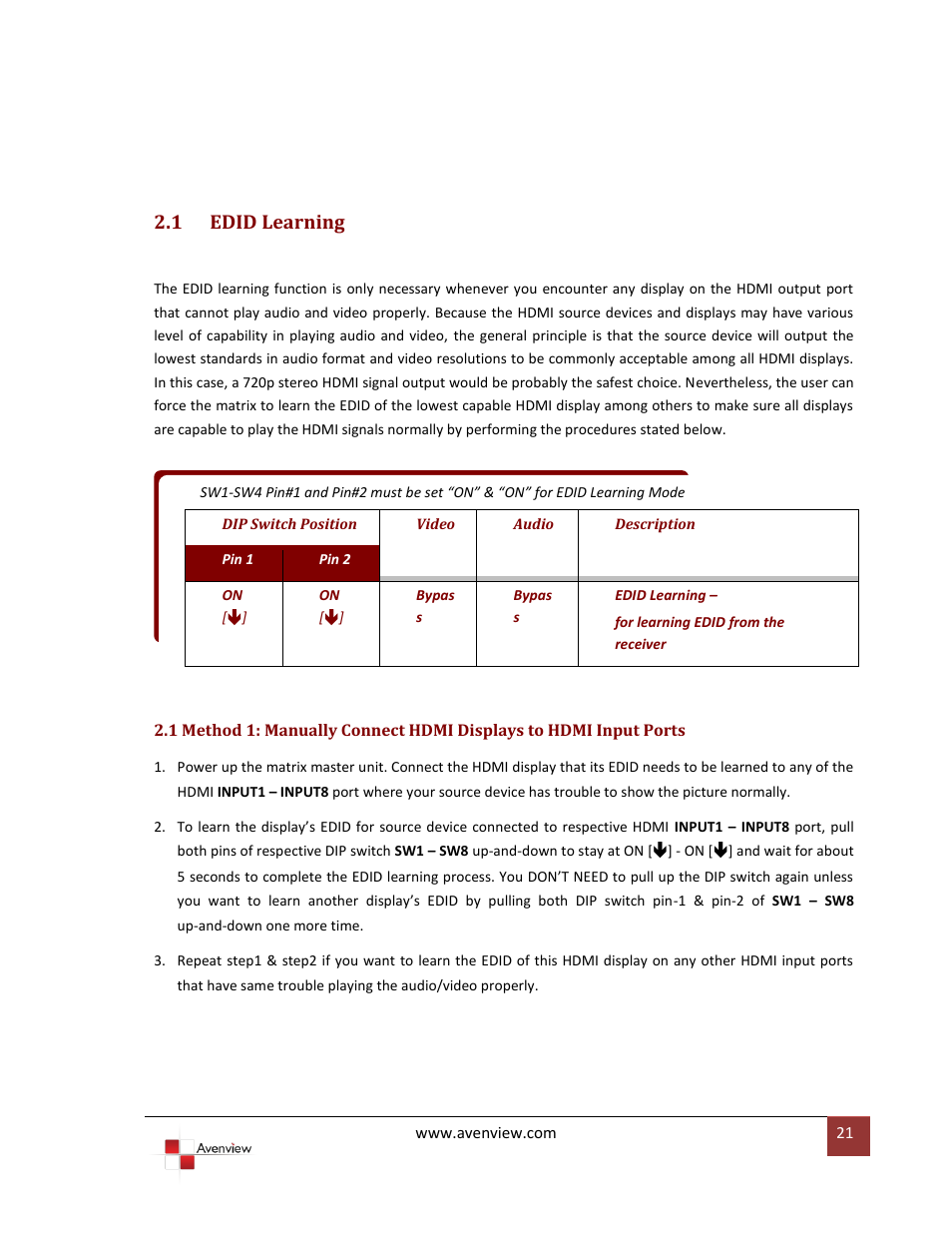 Edid learning, 1 edid learning | Avenview SW-HDM3D-C5-8X8 User Manual | Page 21 / 26