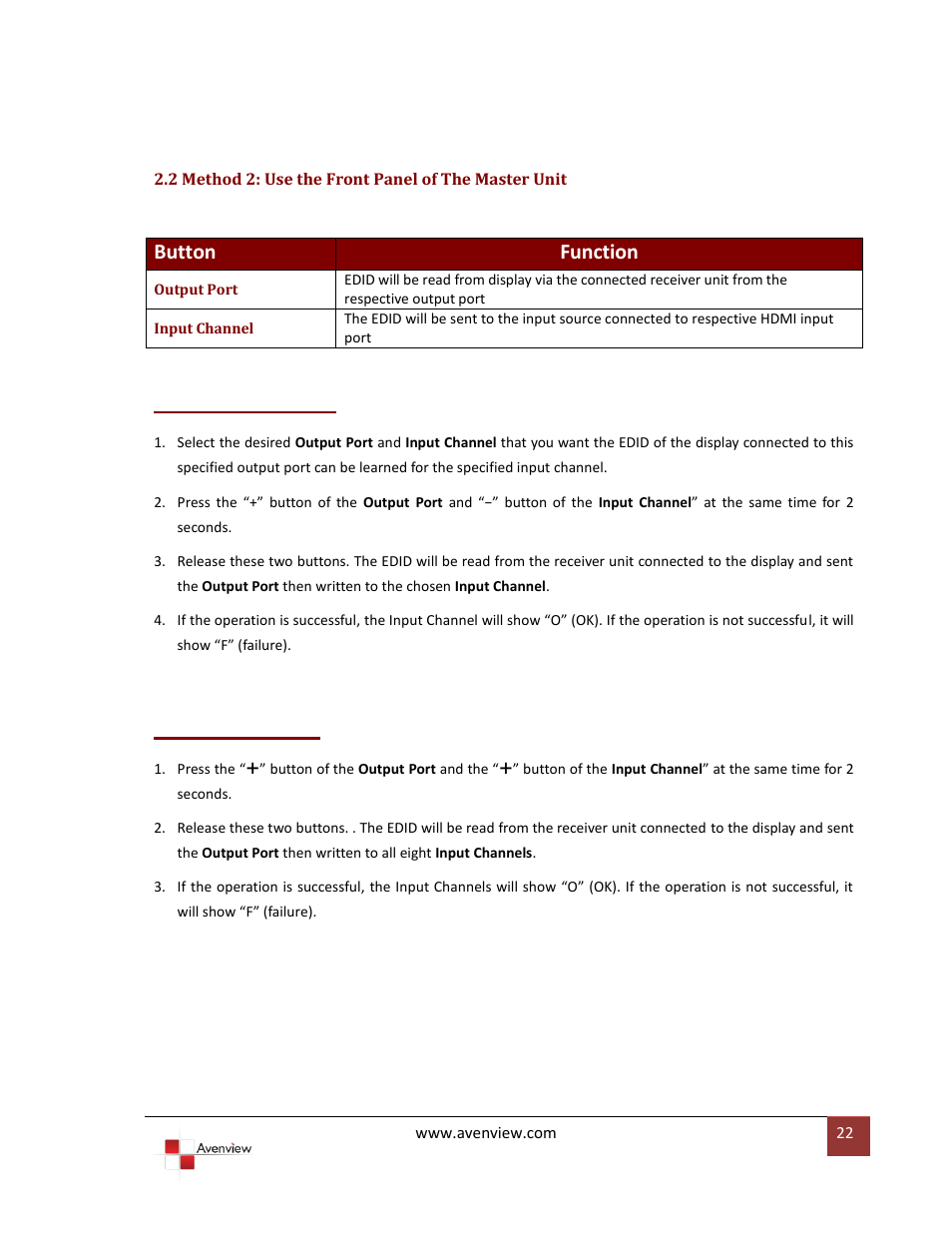 2 method 2: use the front panel of the master unit, Button function | Avenview SW-HDM3D-C5-8X8 User Manual | Page 22 / 26