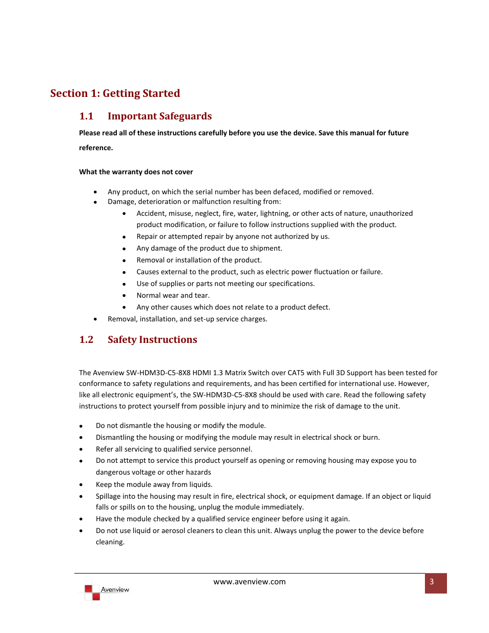 Section 1: getting started, Important safeguards, Safety instructions | 1 important safeguards, 2 safety instructions | Avenview SW-HDM3D-C5-8X8 User Manual | Page 3 / 26