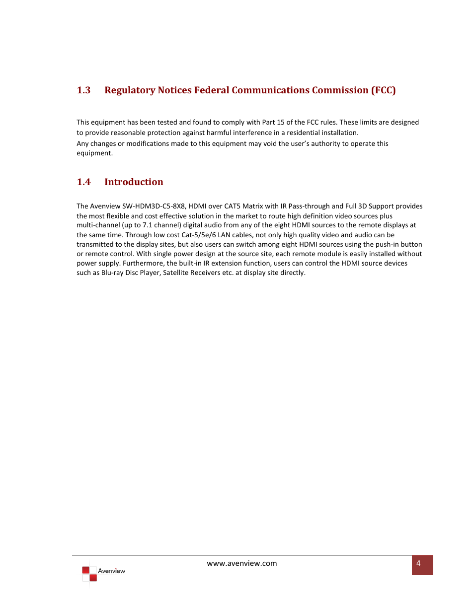 Introduction | Avenview SW-HDM3D-C5-8X8 User Manual | Page 4 / 26