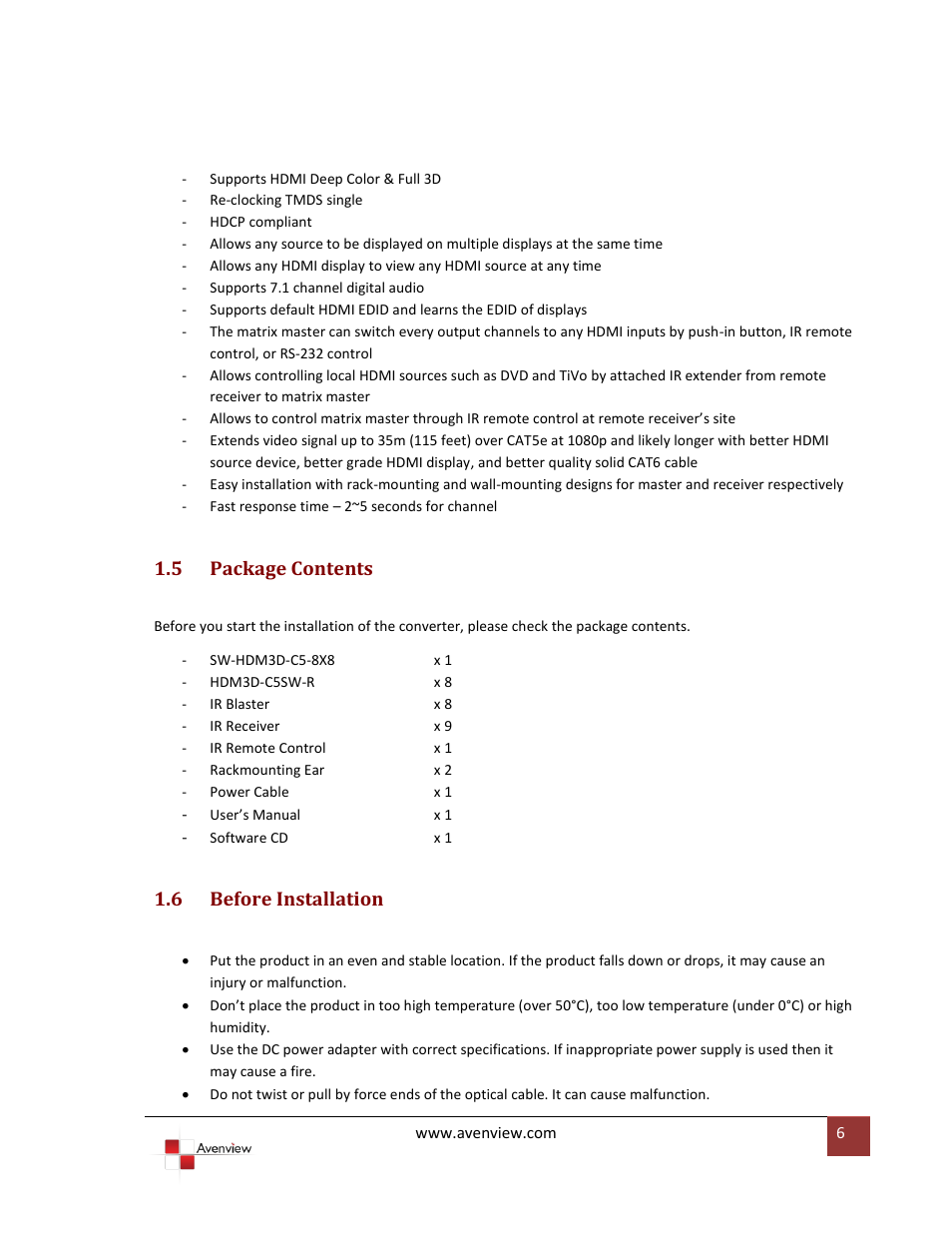 Package contents, Before installation, 5 package contents | 6 before installation | Avenview SW-HDM3D-C5-8X8 User Manual | Page 6 / 26