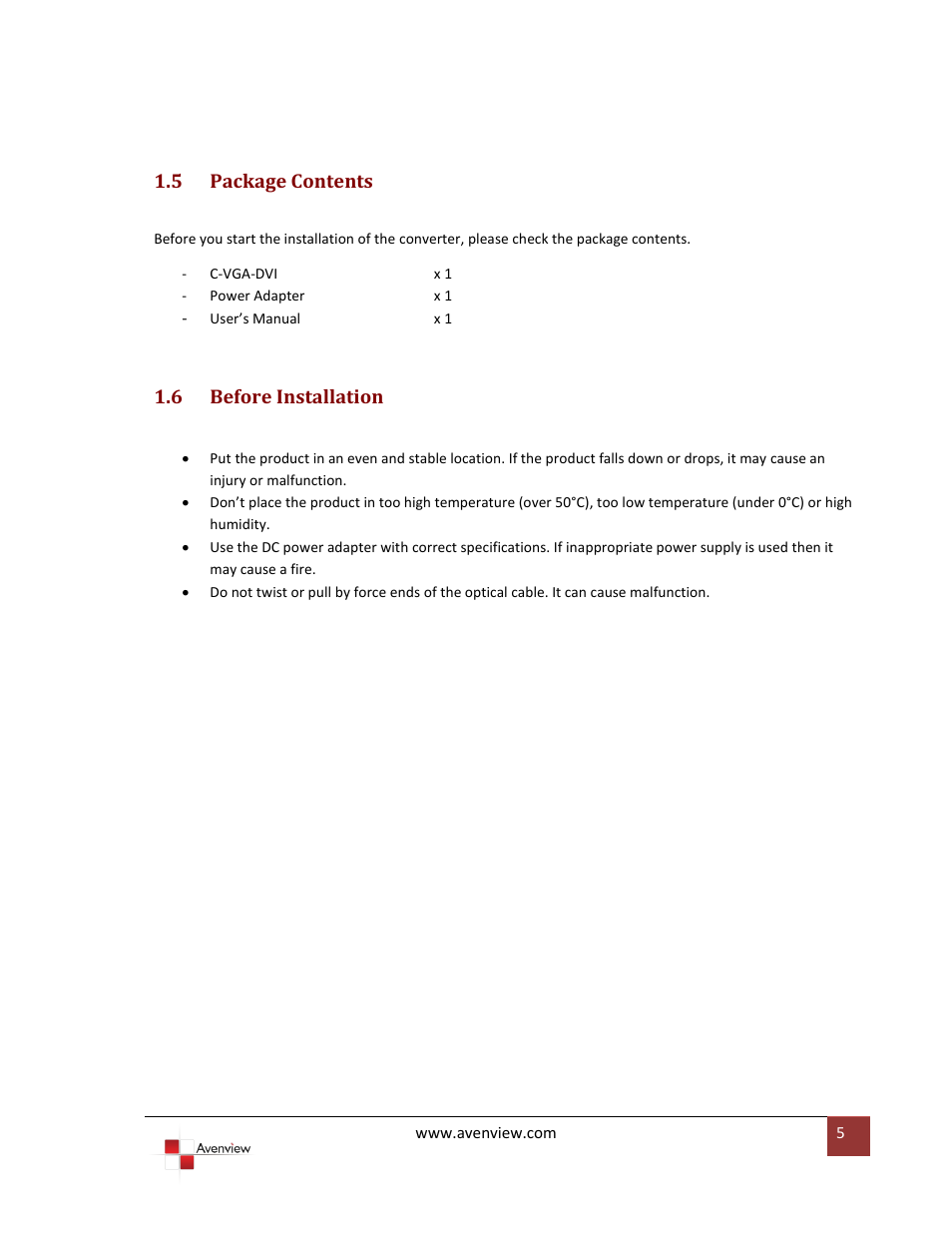 Package contents, Before installation, 5 package contents | 6 before installation | Avenview C-VGA-DVI User Manual | Page 5 / 8