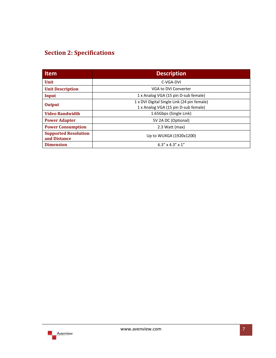Section 2: specifications, Item description | Avenview C-VGA-DVI User Manual | Page 7 / 8
