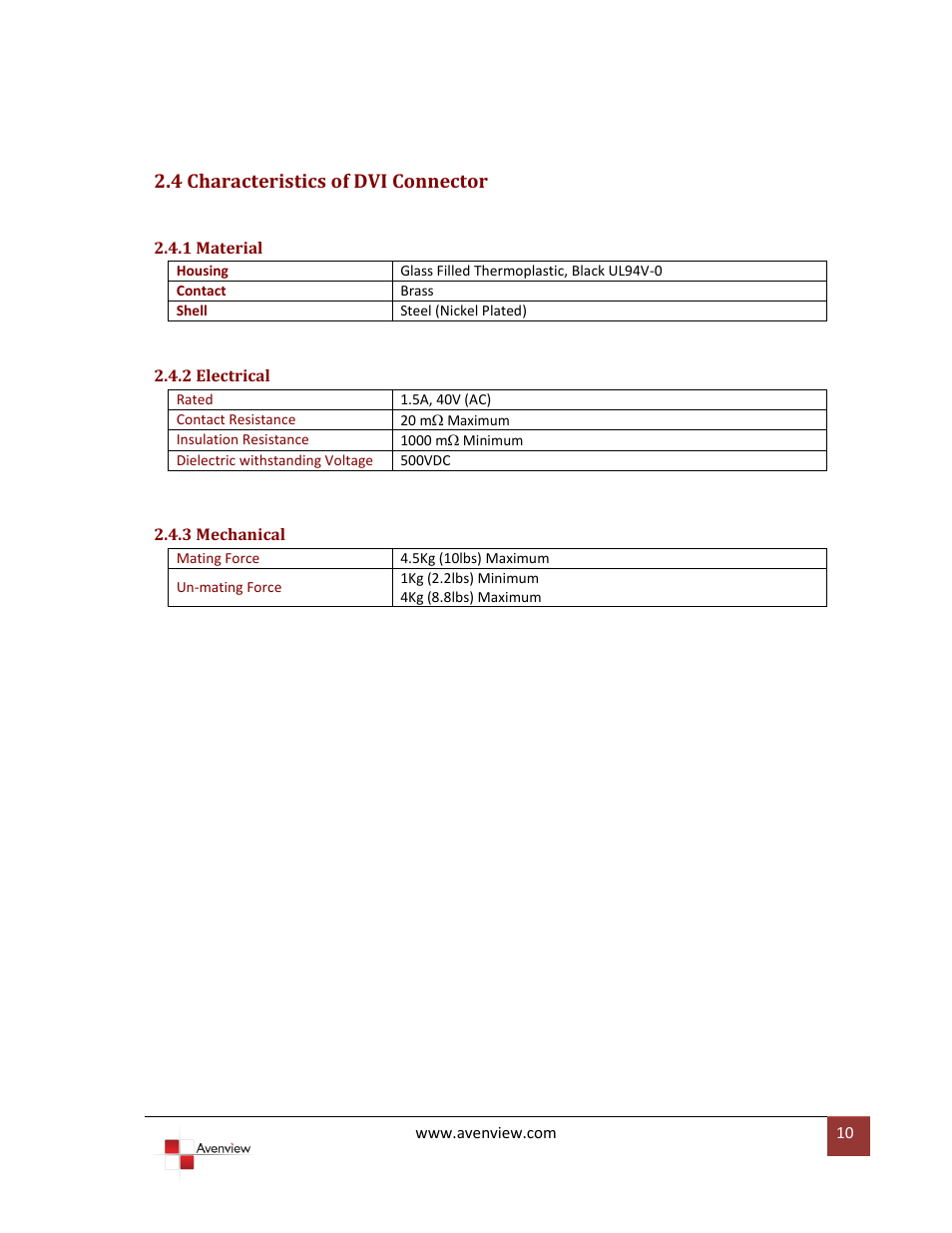 4 characteristics of dvi connector, 1 material, 2 electrical | 3 mechanical | Avenview FO-DVI-XX-MM User Manual | Page 10 / 15