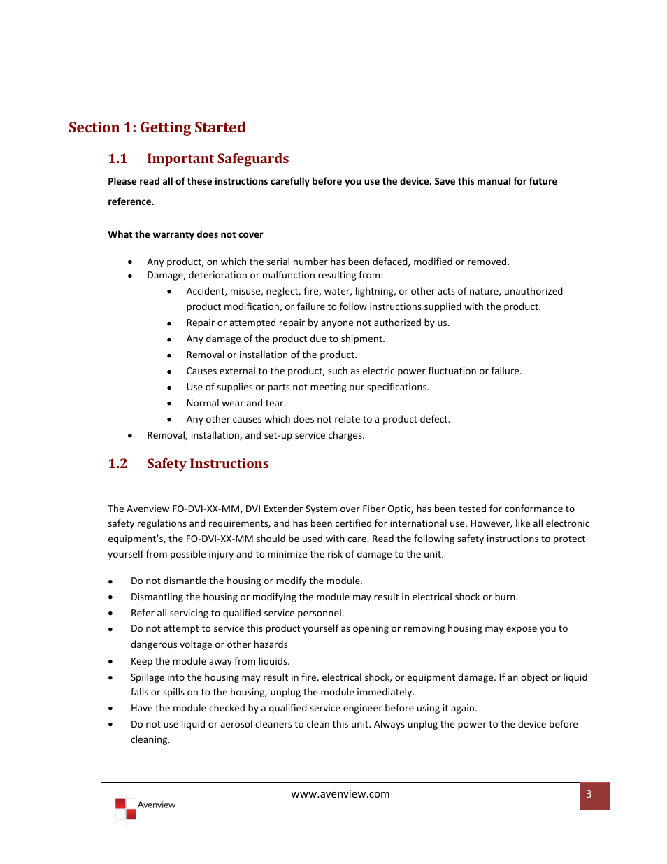 Section 1: getting started, Important safeguards, Safety instructions | 1 important safeguards, 2 safety instructions | Avenview FO-DVI-XX-MM User Manual | Page 3 / 15