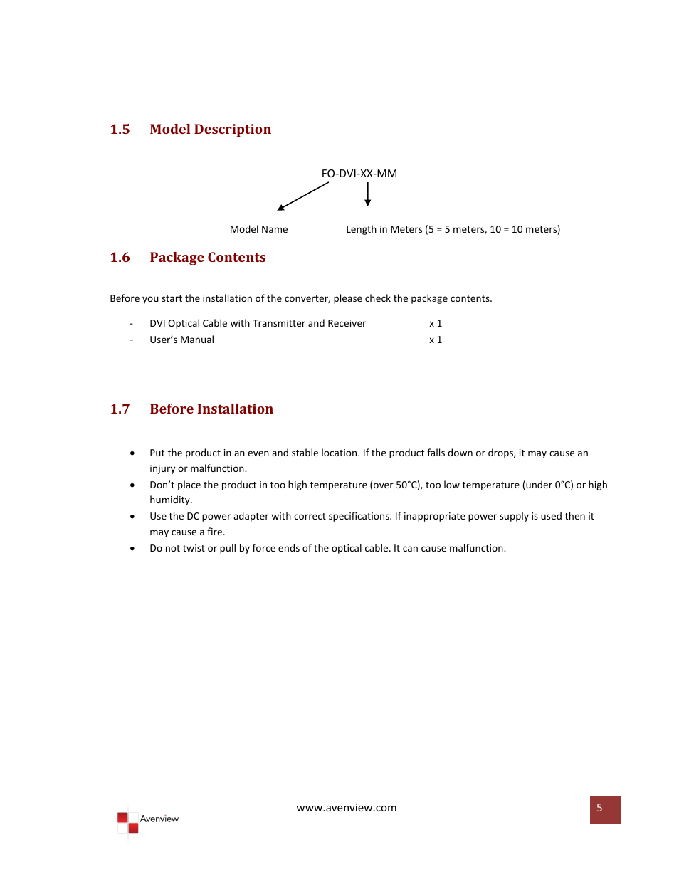 Model description, Package contents, Before installation | 5 model description, 6 package contents, 7 before installation | Avenview FO-DVI-XX-MM User Manual | Page 5 / 15