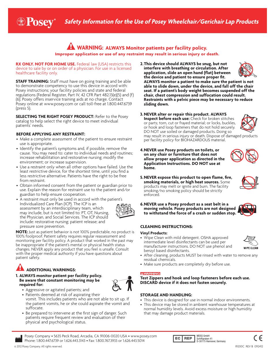 Warning | Posey Lap Hugger for Full Arm Wheelchairs User Manual | Page 2 / 2