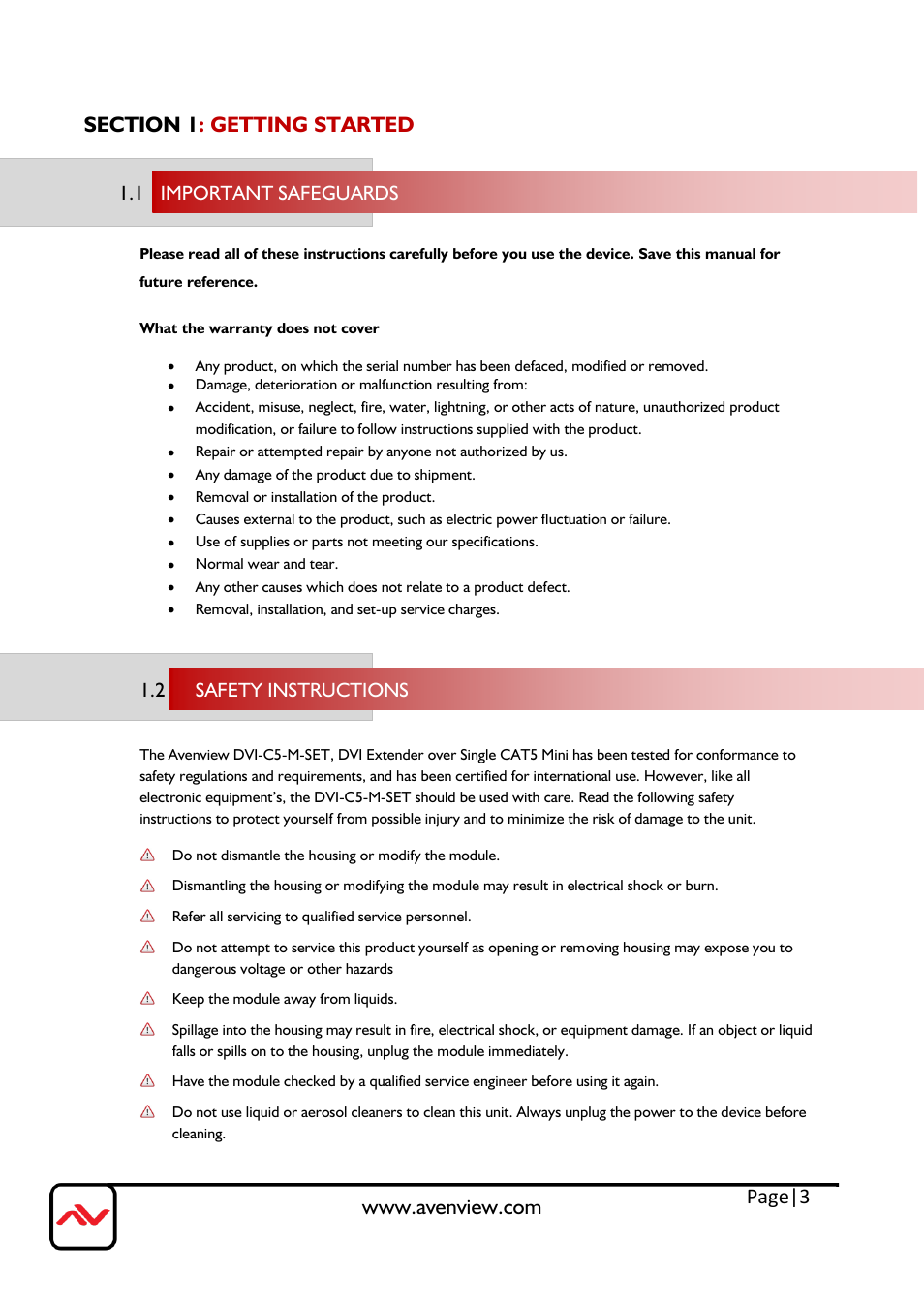 Section 1: getting started, Important safeguards, Safety instructions | Page|3, 1 important safeguards, 2 safety instructions | Avenview DVI-C5-M-SET User Manual | Page 3 / 13