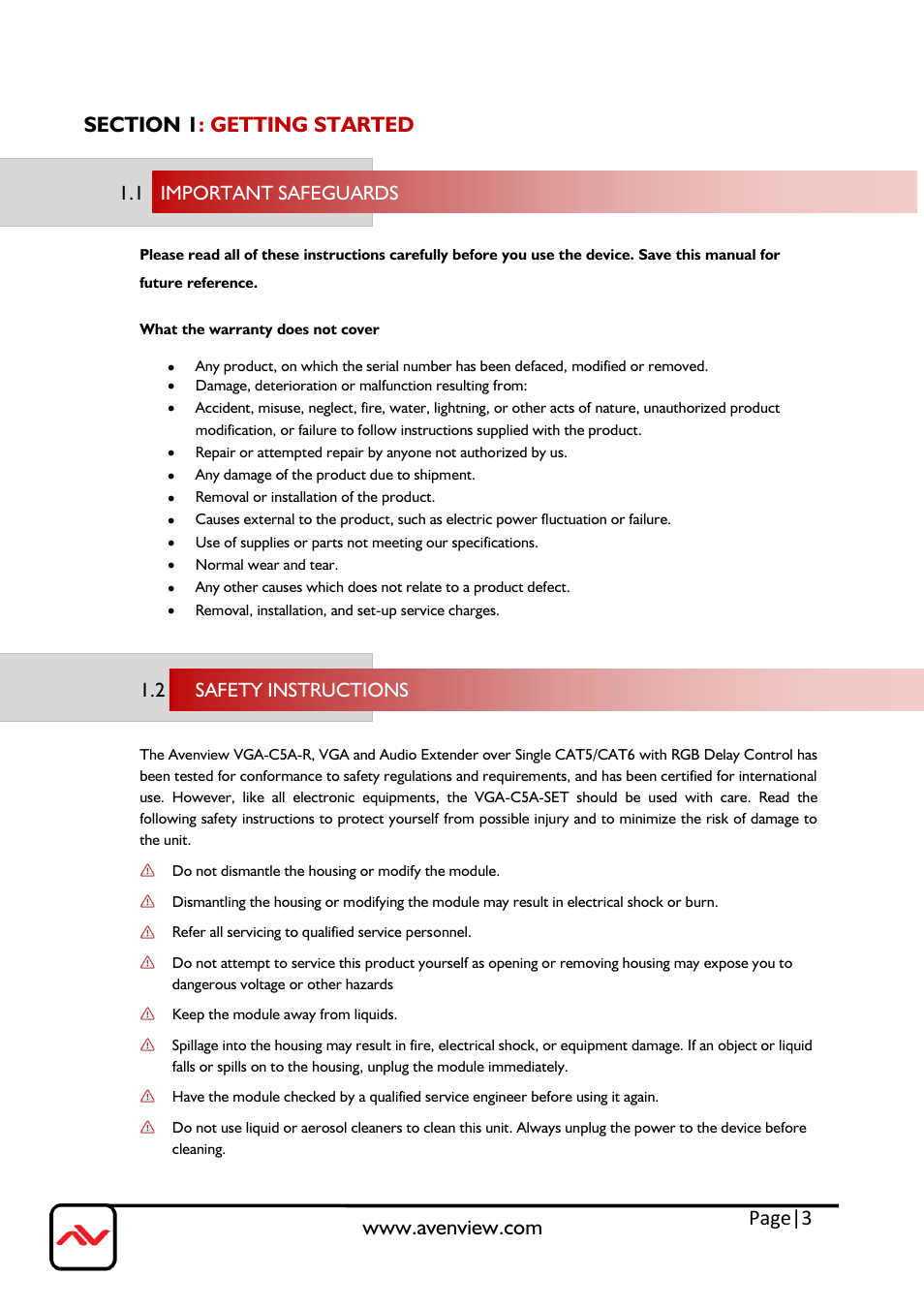 Section 1: getting started, Important safeguards, Safety instructions | Page|3, 1 important safeguards, 2 safety instructions | Avenview VGA-C5A-R User Manual | Page 3 / 9