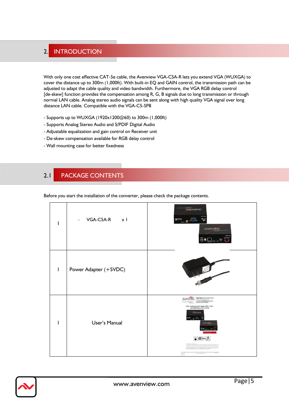 Introduction, Package contents, Page|5 | Avenview VGA-C5A-R User Manual | Page 5 / 9