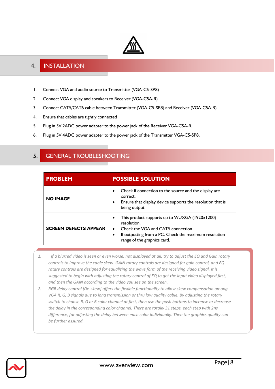 Installation, General troubleshooting, Page|8 | Avenview VGA-C5A-R User Manual | Page 8 / 9