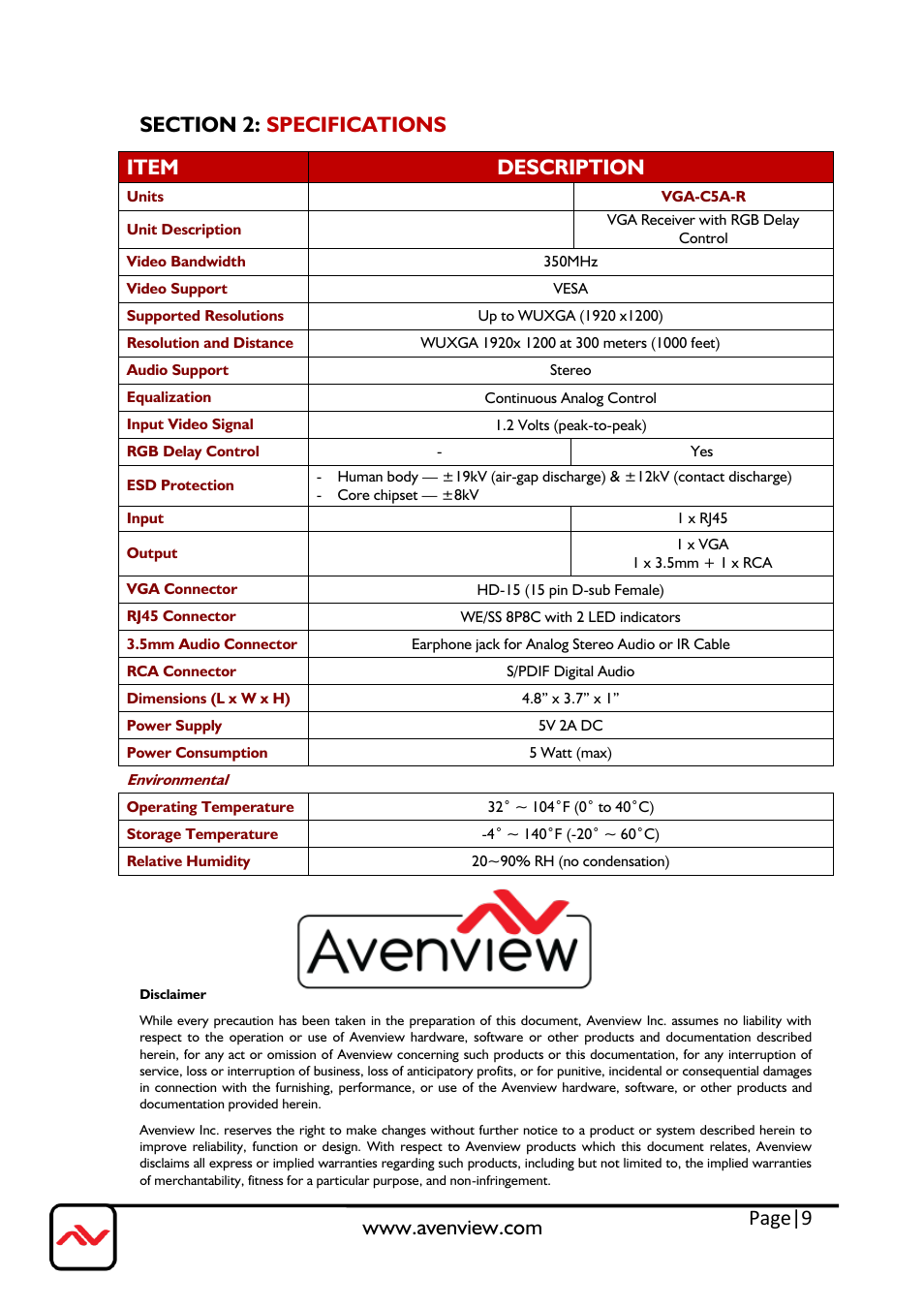 Section 2: specifications, Page|9 | Avenview VGA-C5A-R User Manual | Page 9 / 9