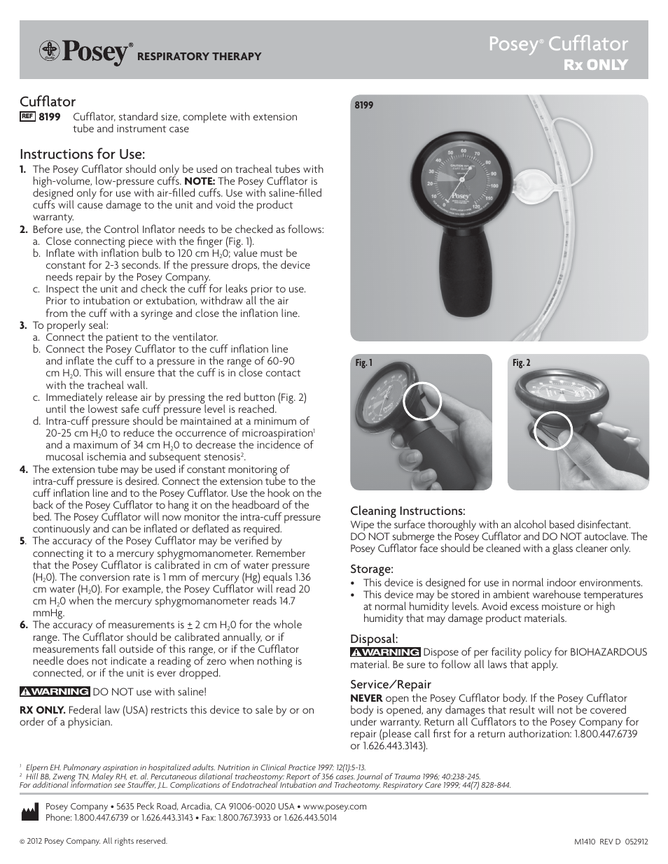 Posey Cufflator™ Endotracheal Tube Inflator and Manometer User Manual | 1 page