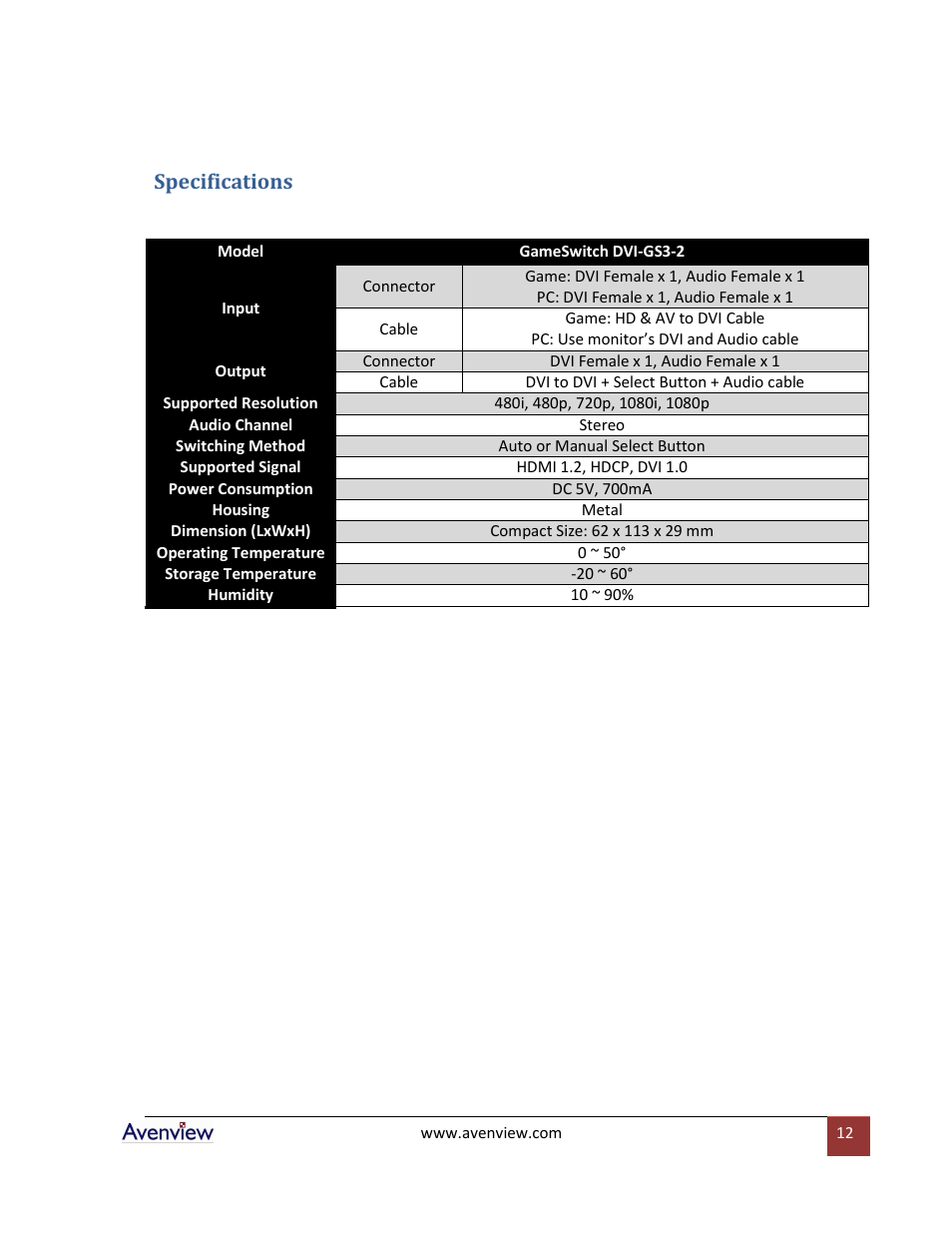 Specifications | Avenview DVI-GS3-2 User Manual | Page 12 / 13