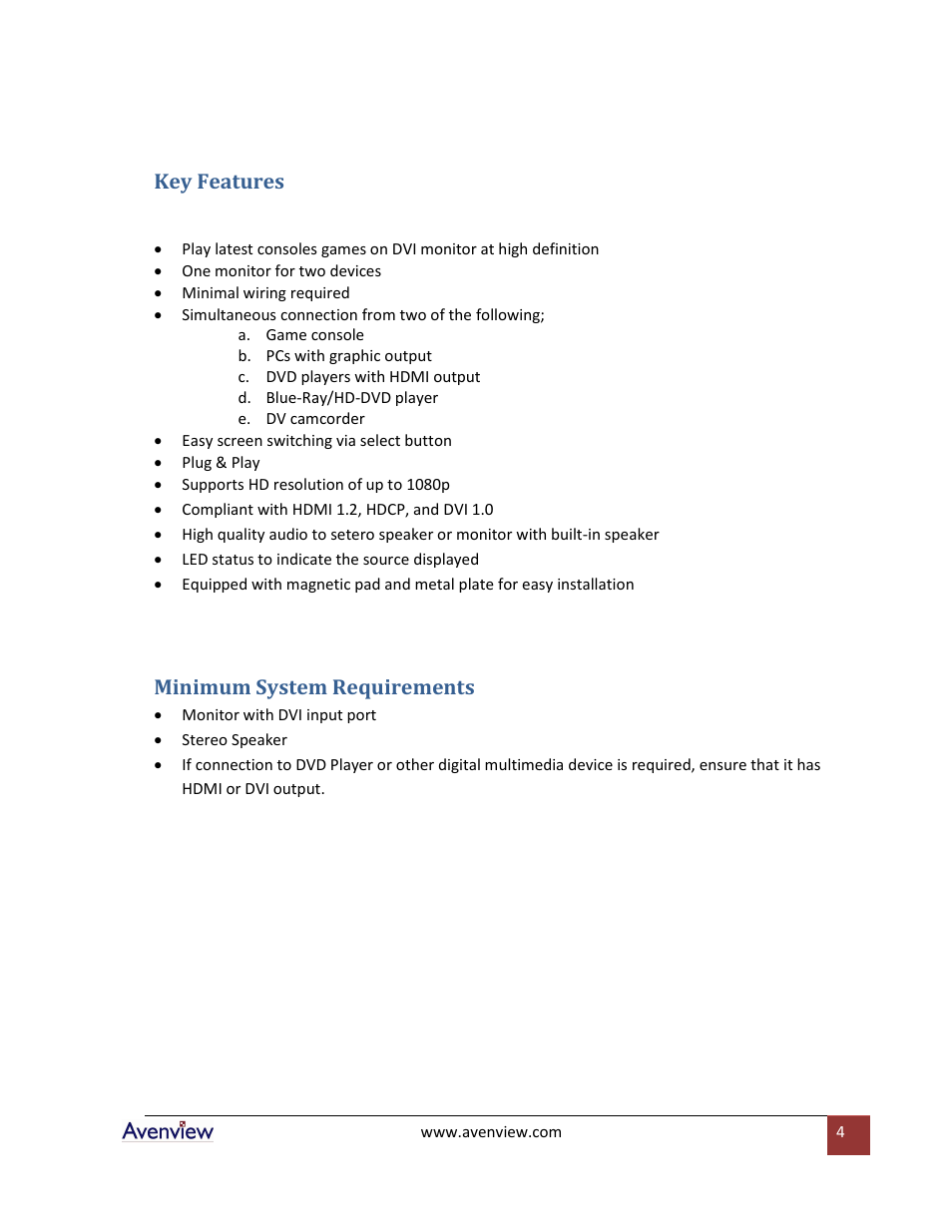 Key features, Minimum system requirements | Avenview DVI-GS3-2 User Manual | Page 4 / 13