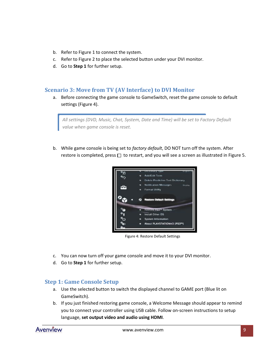 Step 1: game console setup | Avenview DVI-GS3-2 User Manual | Page 9 / 13