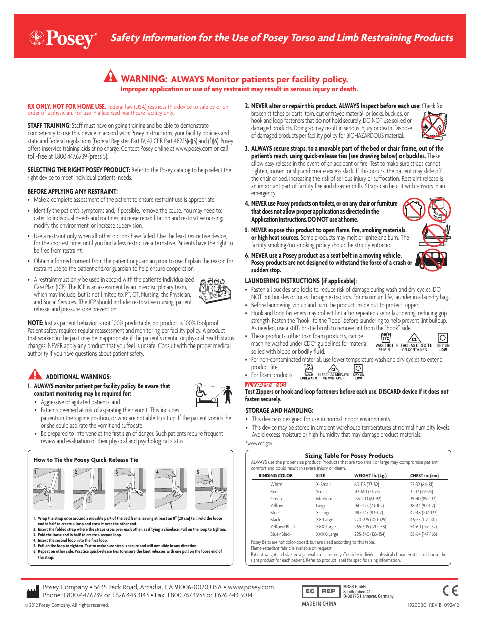 Warning, Always monitor patients per facility policy | Posey Deluxe Limb Holders User Manual | Page 2 / 2