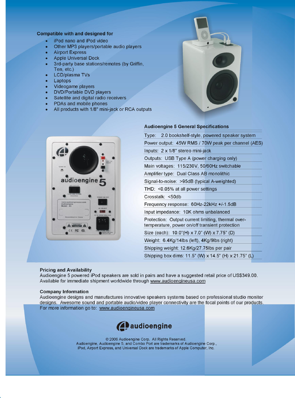 Compatible with and designed for, Audioengine 5 general specifications, Pricing and availability | Company information, Laudioengine, Audioengine | AudioEngine A2 User Manual | Page 2 / 2