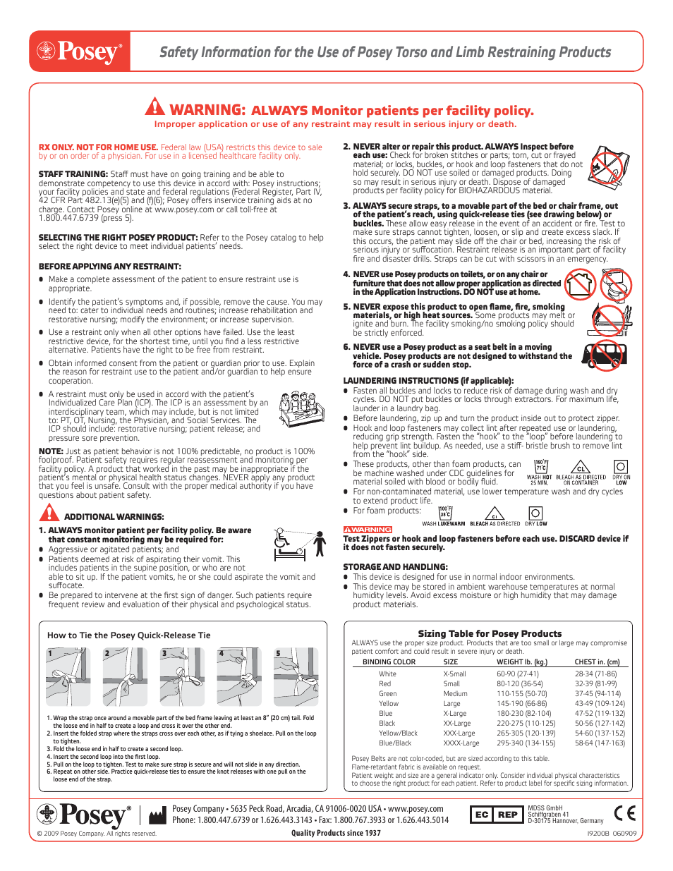 Warning, Always monitor patients per facility policy | Posey Houdini Security Suit User Manual | Page 2 / 2