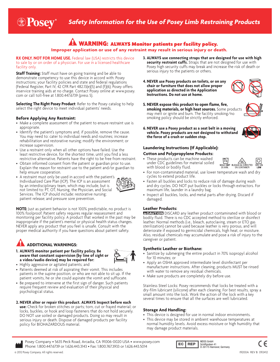 Warning, Always monitor patients per facility policy | Posey Synthetic Leather Cuffs - Connected Set User Manual | Page 2 / 2