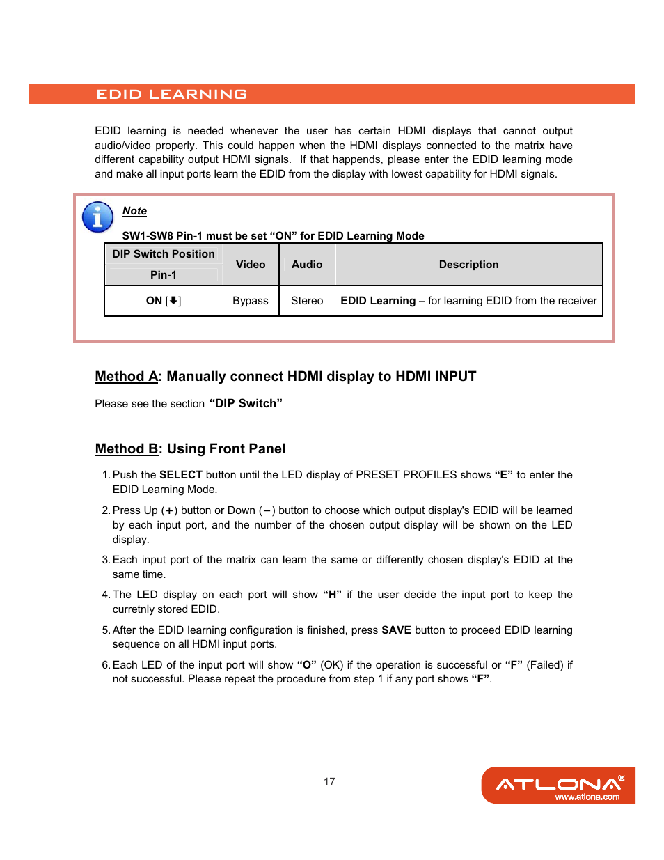 Method b: using front panel | Atlona AT-HD88M-SR User Manual | Page 19 / 24