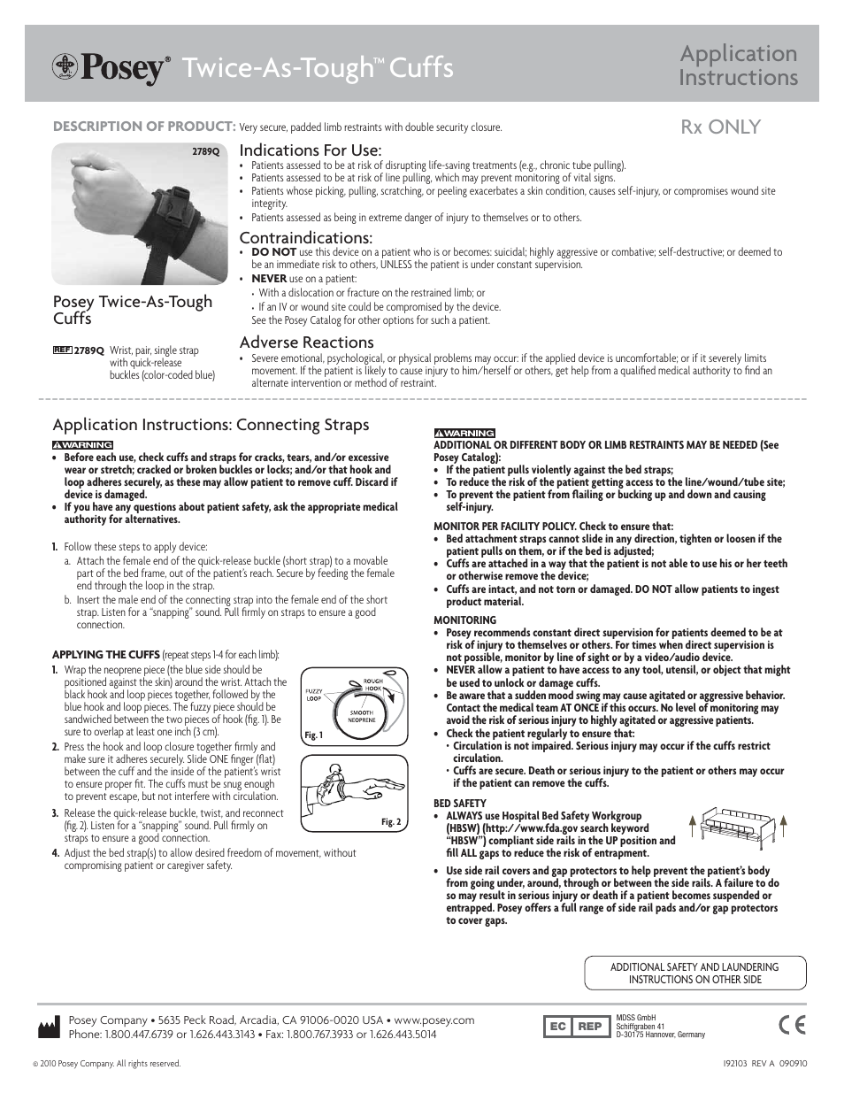 Posey Quick-Release Twice-as-Tough™ Cuffs User Manual | 2 pages