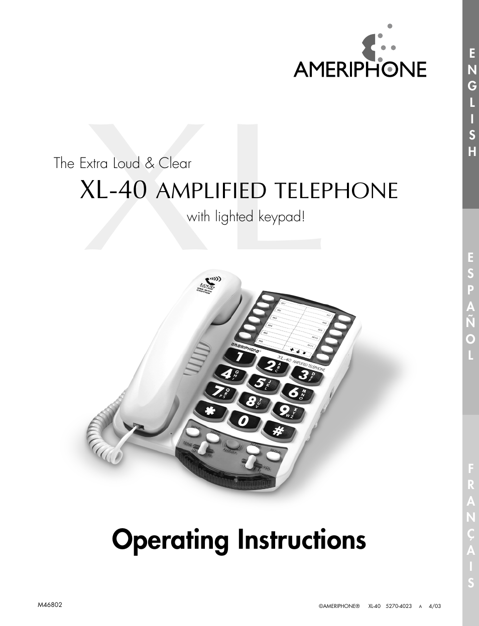 Operating instructions, Xl-40, Amplified telephone | Ameriphone XL-40 User Manual | Page 2 / 88