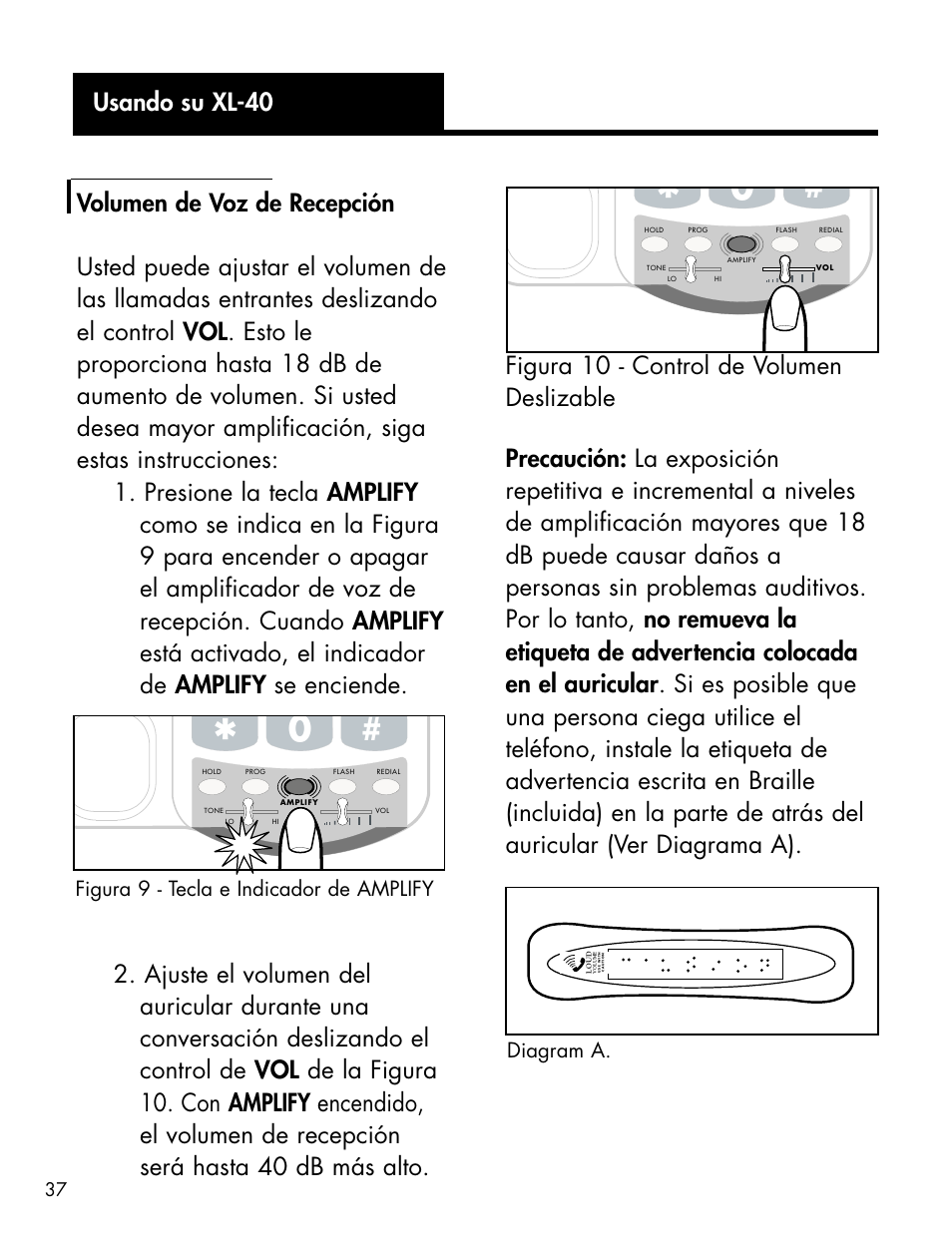 Figura 10 - control de volumen deslizable, Diagram a, Figura 9 - tecla e indicador de amplify | Ameriphone XL-40 User Manual | Page 43 / 88