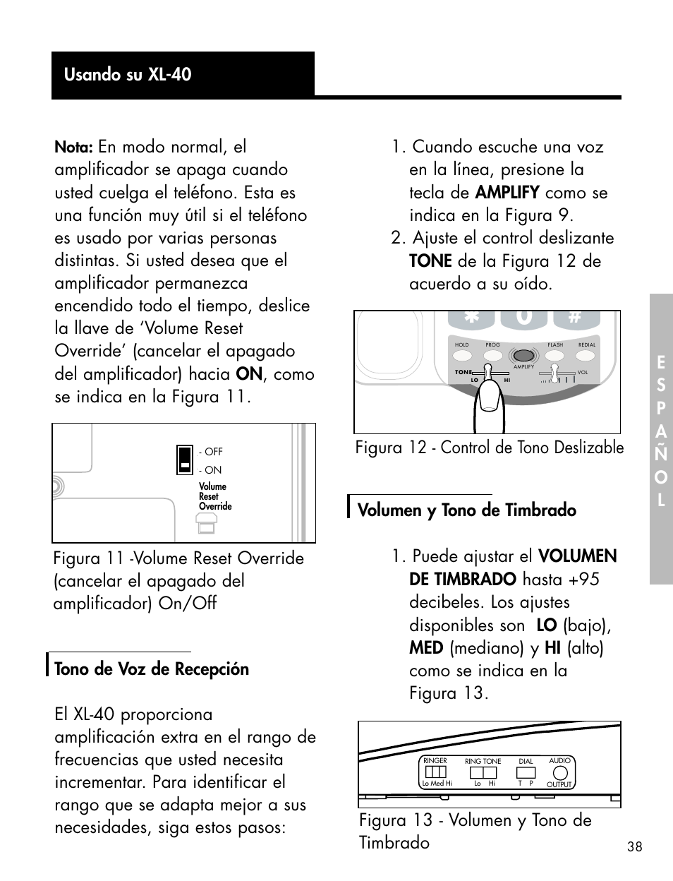 Usando su xl-40, Figura 12 - control de tono deslizable, Figura 13 - volumen y tono de timbrado | Nota | Ameriphone XL-40 User Manual | Page 44 / 88