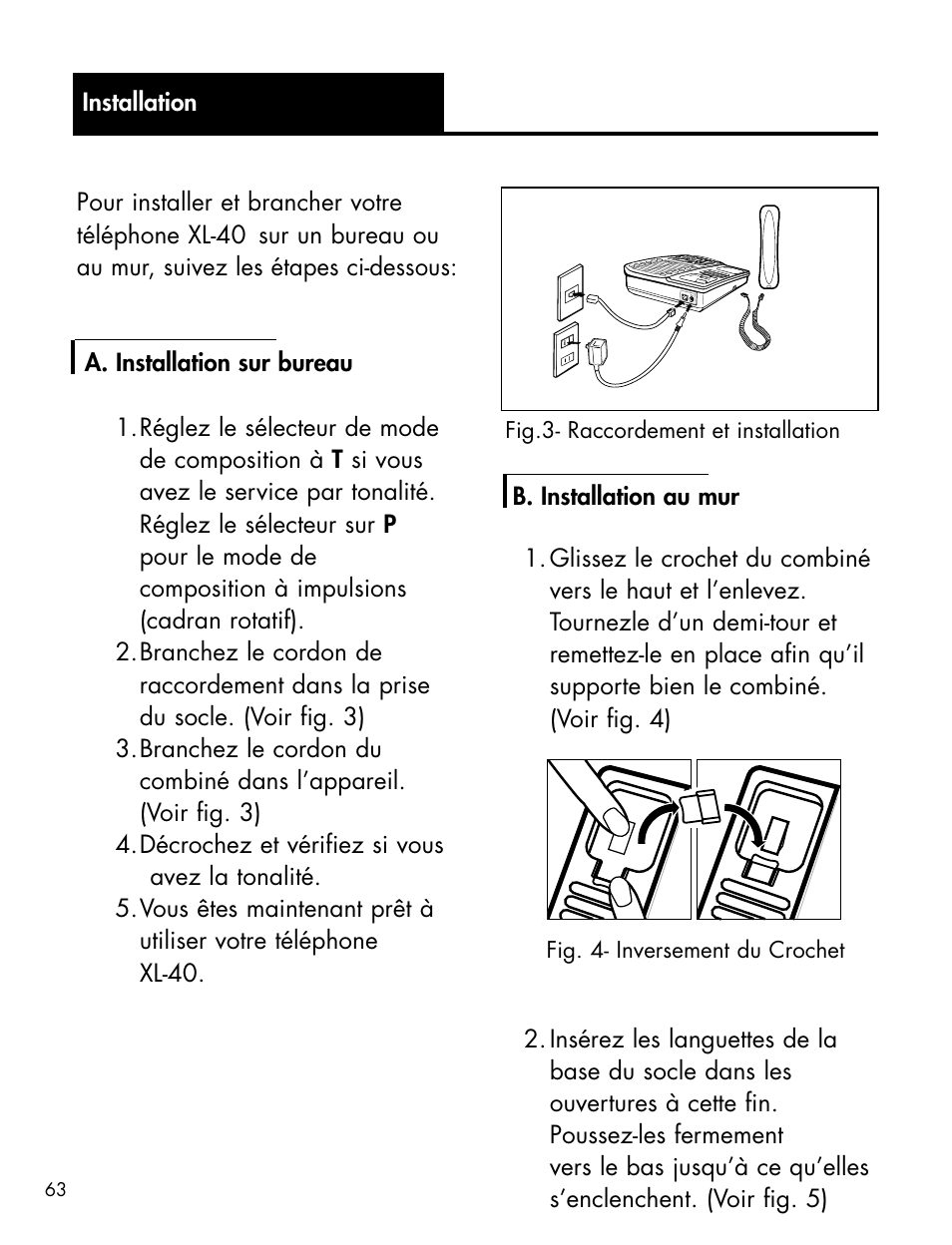 Fig.3- raccordement et installation, Fig. 4- inversement du crochet | Ameriphone XL-40 User Manual | Page 69 / 88