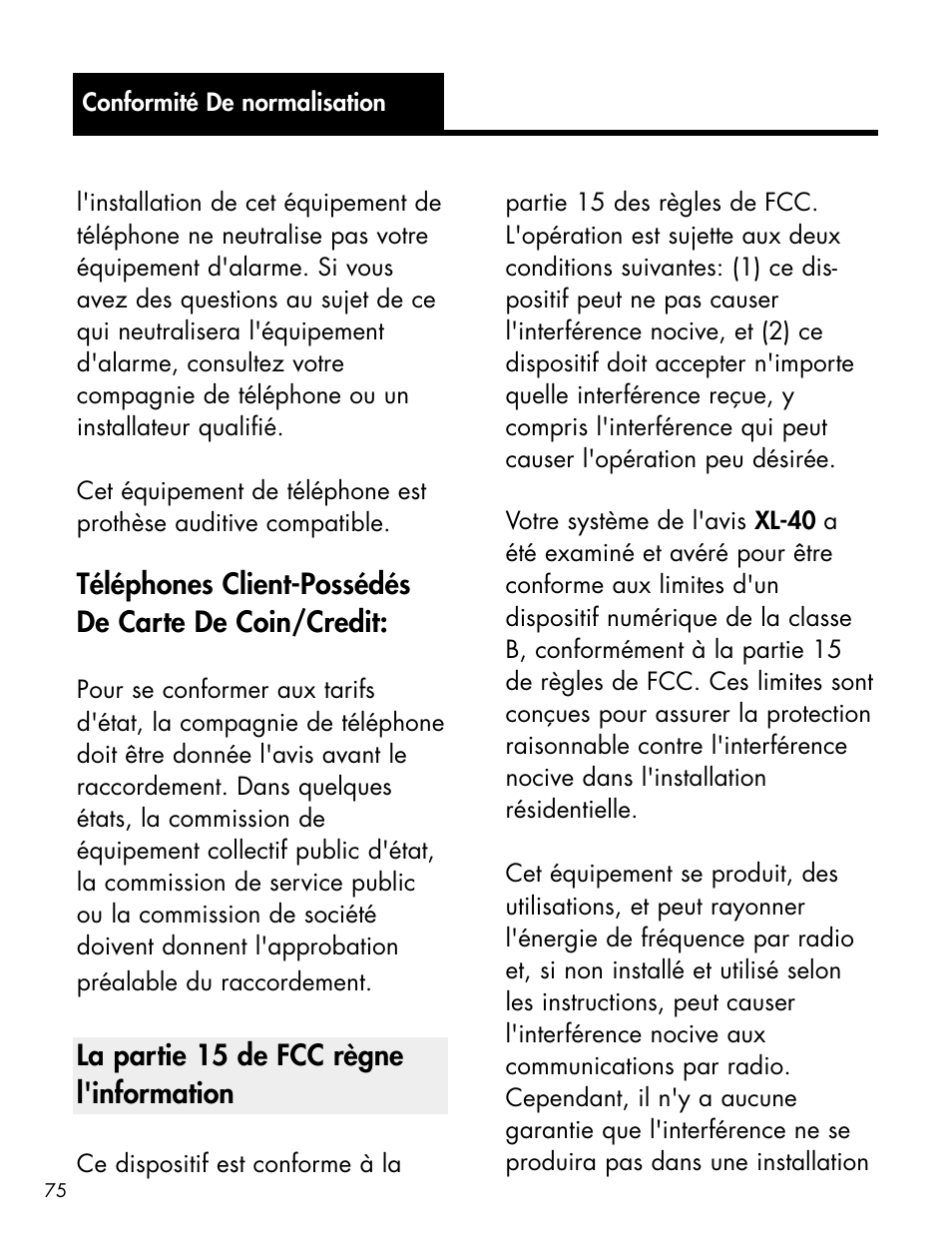 Téléphones client-possédés de carte de coin/credit, La partie 15 de fcc règne l'information | Ameriphone XL-40 User Manual | Page 81 / 88