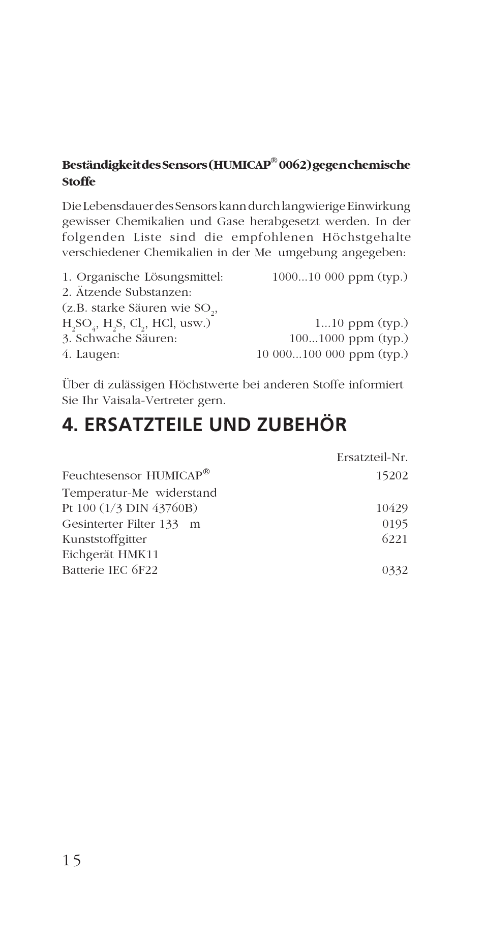 Ersatzteile und zubehör | Vaisala HM34 User Manual | Page 18 / 30
