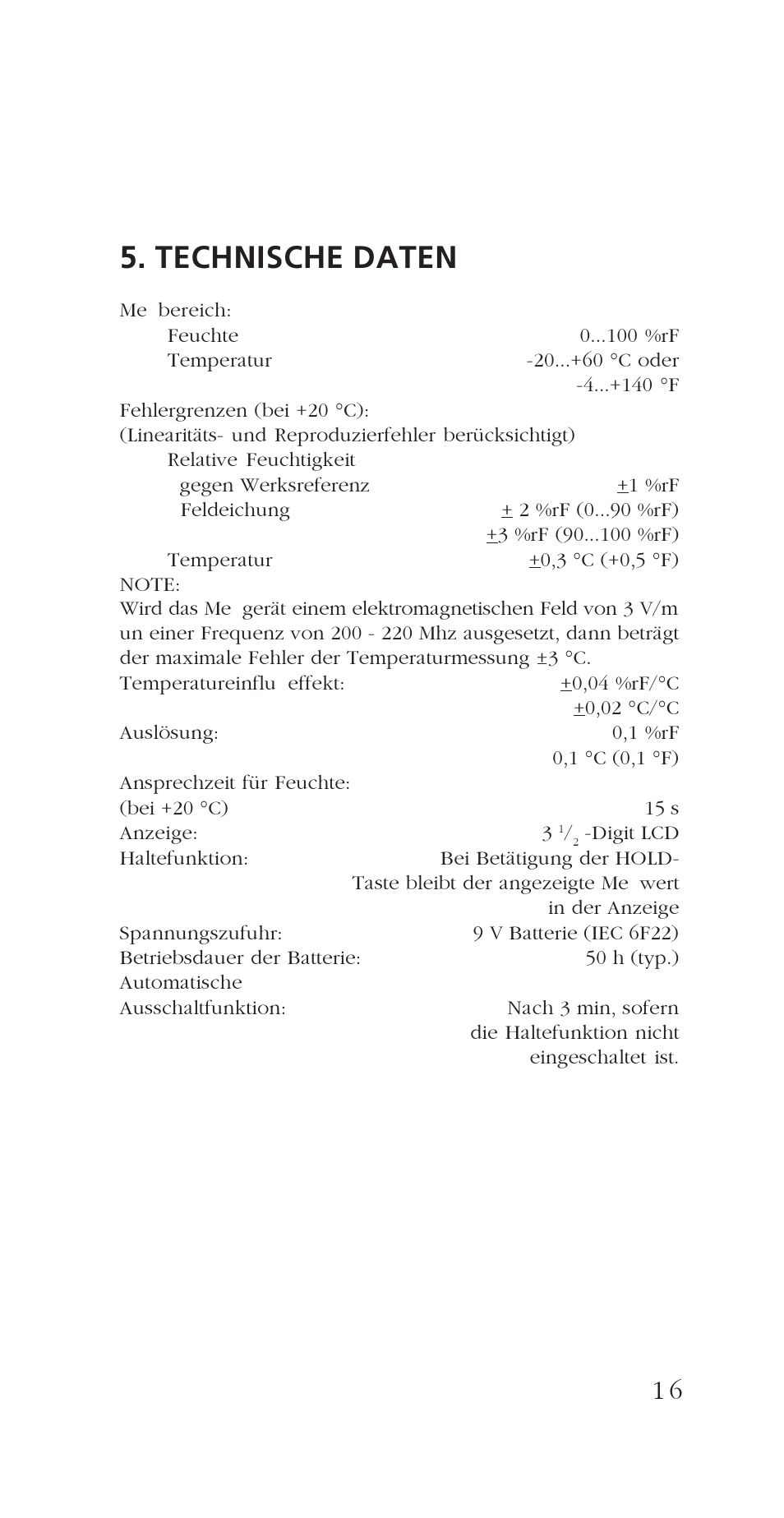 Technische daten | Vaisala HM34 User Manual | Page 19 / 30
